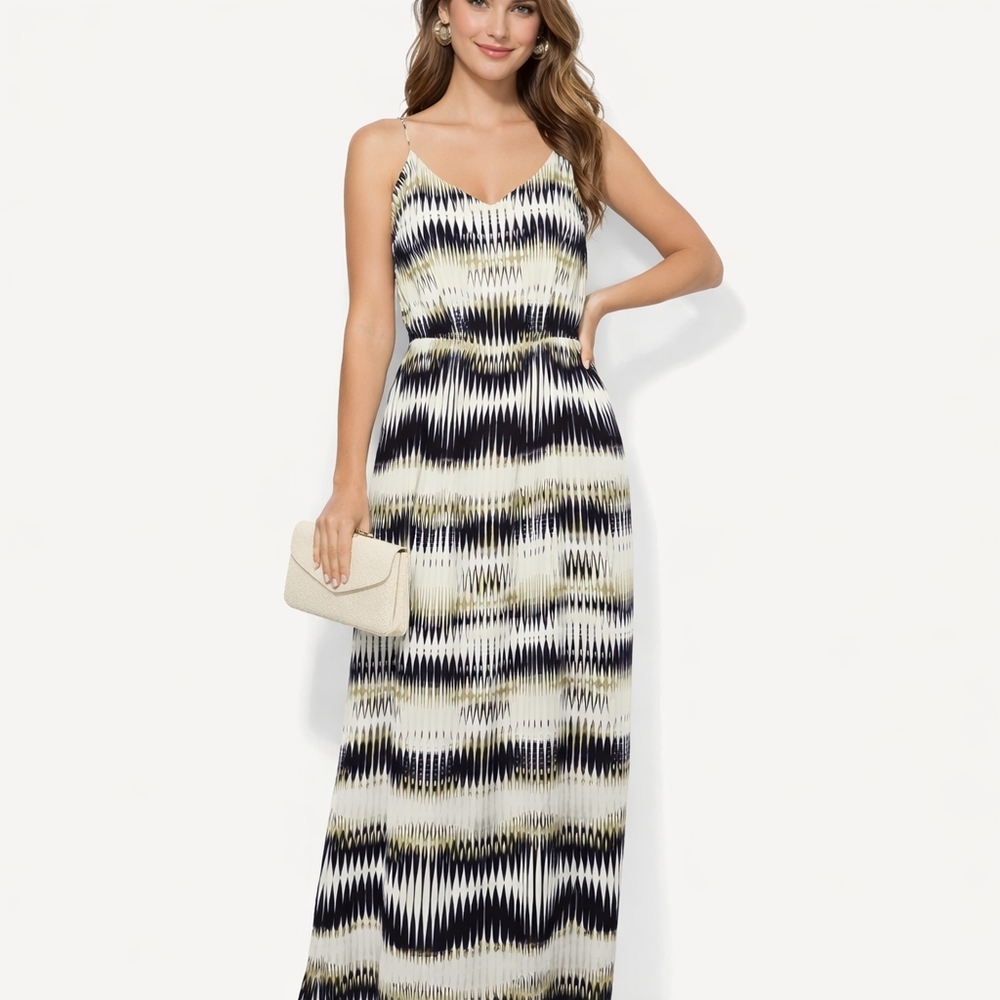 Vince Camuto Ikat Black & Cream Spaghetti Strap Maxi Dress